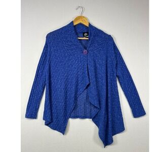 Draped Ribbed Bobeau Womens Petite PS Blue Single Button Sharkbite Cardigan